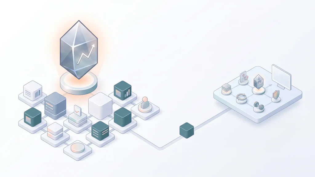 Illustration: Ein Netz aus Datenbausteinen zu Unternehmen und Betrieben ist mit einem Kristall mit Aufwärtspfeil verbunden und führt über eine Leitung zu einer Plattform mit Symbolen für Dokumente, Sicherheit, Aktualisierung und Bildschirm.
