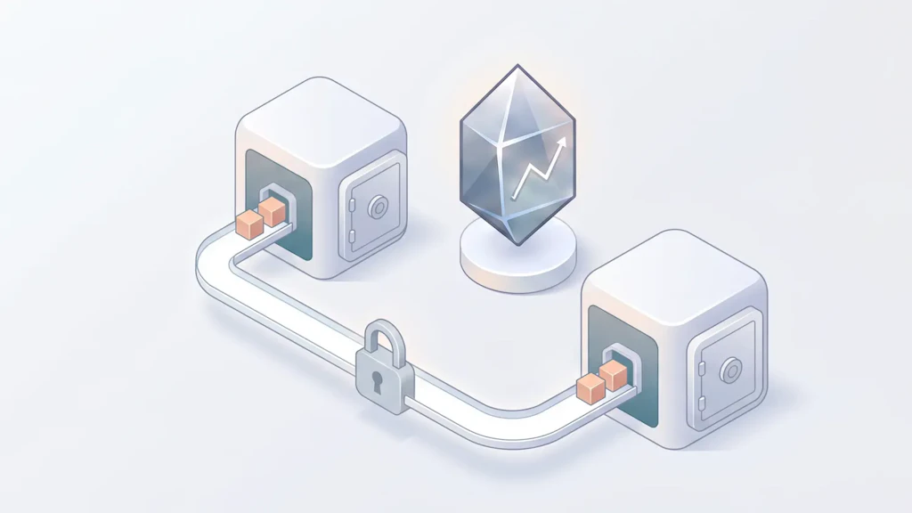 Illustration: Datenpakete werden über eine mit einem Vorhängeschloss gesicherte Leitung von einem Tresor zum anderen übertragen; dazwischen ein Kristall mit Aufwärtspfeil.