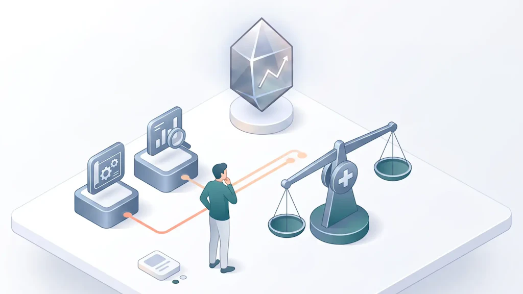 Illustration: Eine nachdenkliche Person steht zwischen Bildschirmen mit Zahnrad- und Diagrammsymbolen und einer Waage mit Kreuzsymbol; darüber ein Kristall mit Aufwärtspfeil.