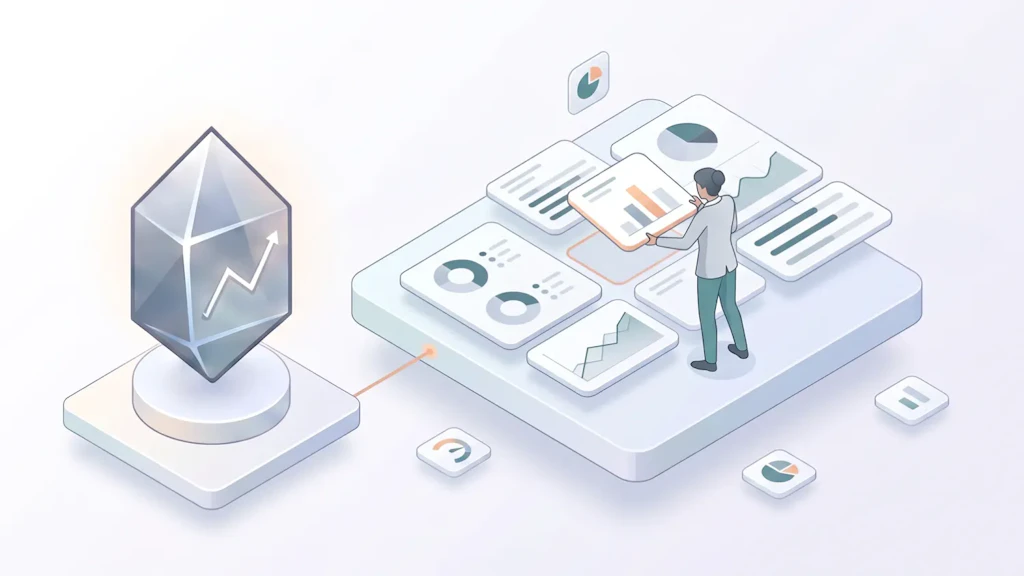 Illustration: Eine Person ordnet Kacheln mit Diagrammen auf einer Plattform an; links ein Kristall mit Aufwärtspfeil, daneben kleine Symbole für Kreisdiagramme und Anzeigen.