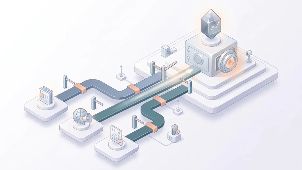 Illustration: Datenbänder führen von Dokumenten, einem Globus mit Megafon und einem Bericht durch Kontrollschranken zu einem Tresor, auf dem ein Kristall mit Aufwärtspfeil steht.