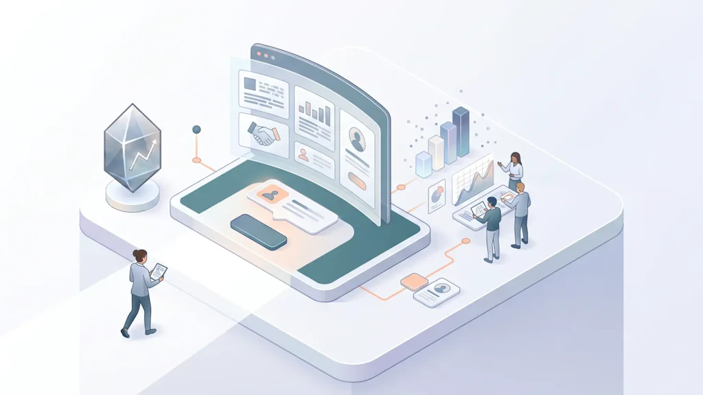 Illustration: Eine Plattform mit grossem Bildschirm, Handschlag-Symbol und Profilkarten; mehrere Personen arbeiten mit Diagrammen, eine Person mit Tablet geht darauf zu; links ein Kristall mit Aufwärtspfeil.