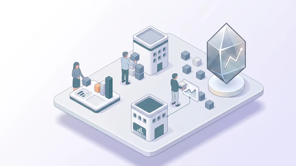 Illustration: Personen tragen Datenwürfel von Verwaltungsgebäuden zu einer gemeinsamen Plattform mit Diagrammen; daneben ein Kristall mit Aufwärtspfeil.