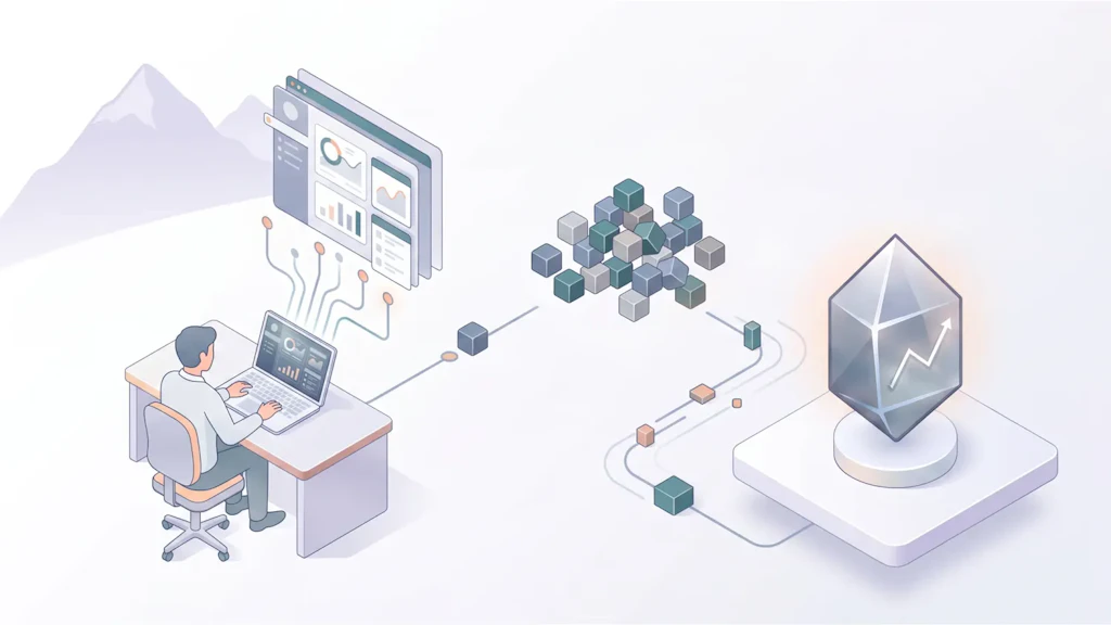 Illustration: Eine Person arbeitet am Laptop vor Bildschirmen mit Diagrammen; Datenwürfel werden über eine Leitung zu einem Kristall mit Aufwärtspfeil geführt; im Hintergrund Berge.