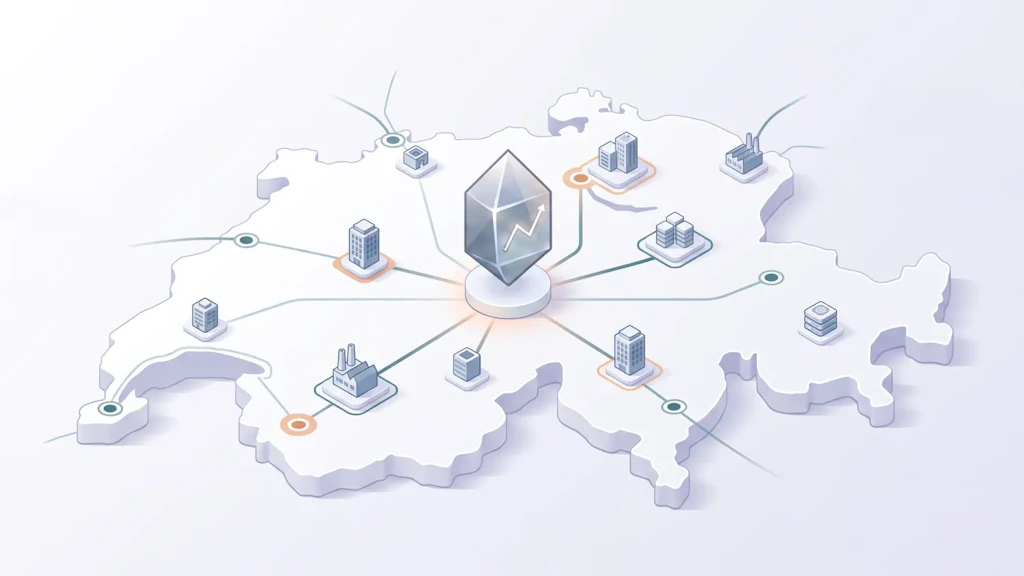 Illustration: on a map of Switzerland, a central crystal with an upward arrow is connected by lines to office buildings, factories and data centres in all regions; the lines extend beyond the borders.