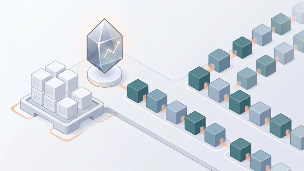 Illustration: a stack of data blocks on a platform is connected to a crystal with an upward arrow, from which long rows of data cubes flow along parallel tracks.