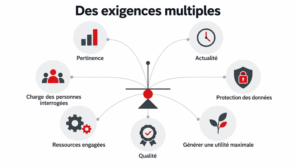 Illustration des exigences à concilier : pertinence, actualité, protection des données, charge des personnes interrogées, ressources engagées, qualité et utilité maximale.