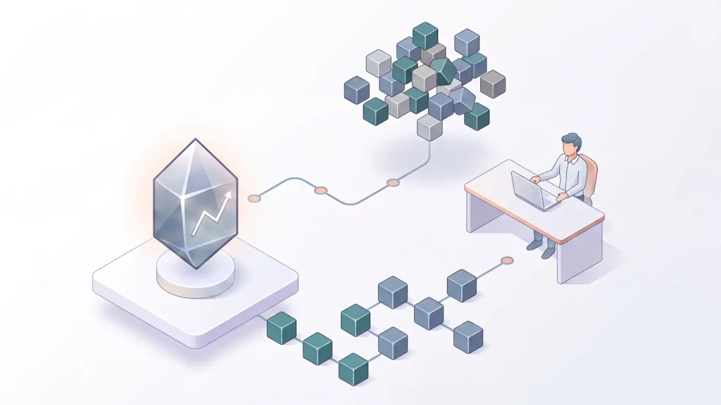 Illustration : un amas désordonné de cubes de données est relié par une ligne à un cristal portant une flèche ascendante, puis transmis sous forme de chaîne ordonnée à une personne travaillant sur un ordinateur portable.