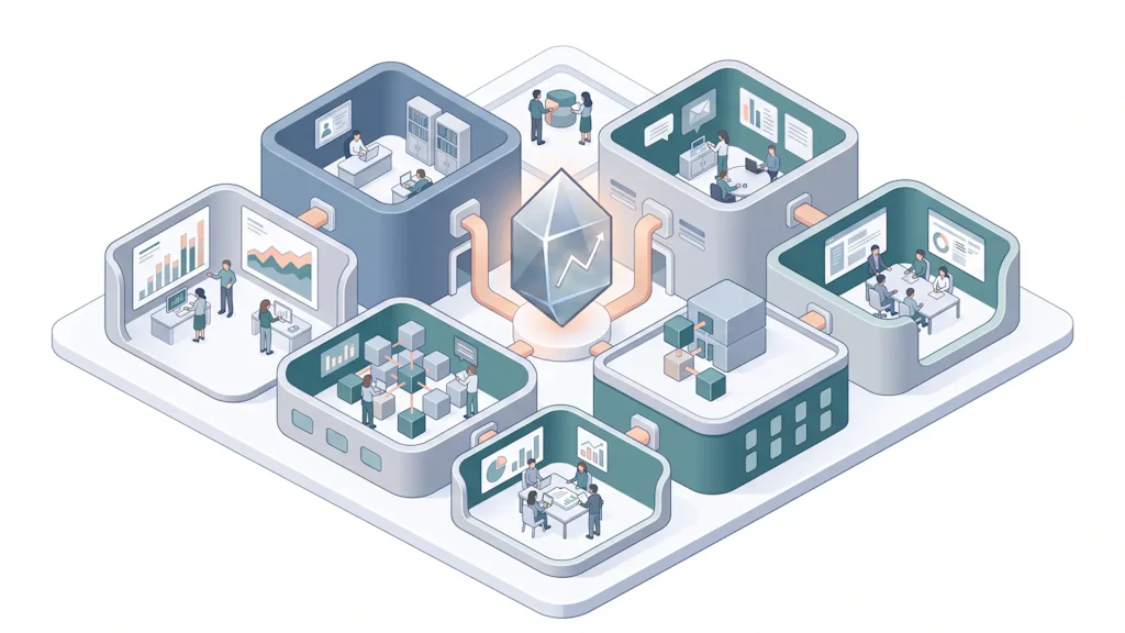 Illustration : plusieurs parties de bâtiment avec des bureaux, dans lesquels des personnes travaillent sur des diagrammes, des cubes de données et des présentations, sont reliées à un cristal avec une flèche montante placé au centre.