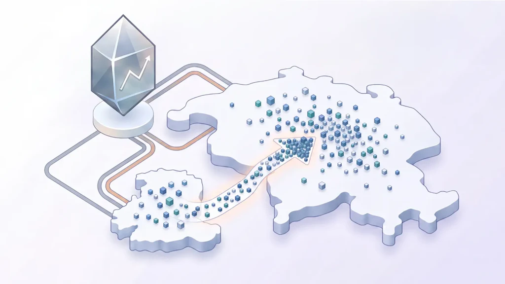 Illustration : sur une carte de la Suisse, des cubes de données circulent le long d’une flèche d’une région vers une zone où ils se concentrent ; un cristal portant une flèche ascendante est relié à la carte par des lignes.