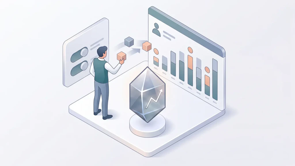Illustration : une personne déplace des cubes de données vers un tableau avec un diagramme en colonnes ; à côté, un panneau avec des interrupteurs et un cristal avec une flèche montante.