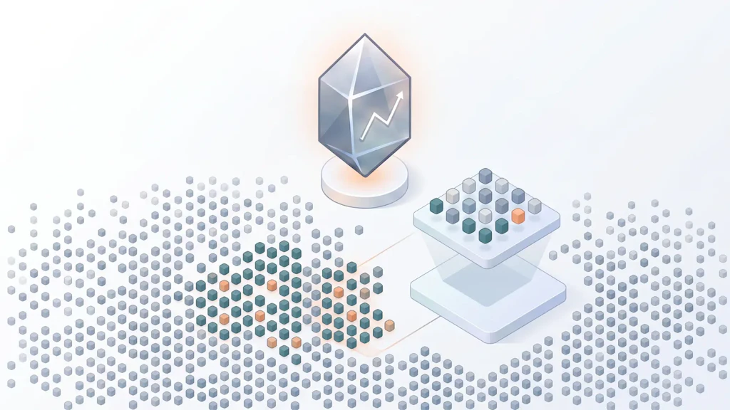 Illustration : dans une grande surface de cubes de données gris, un groupe marqué en couleur est sélectionné et transféré comme échantillon ordonné sur une plateforme, à côté d’un cristal portant une flèche ascendante.