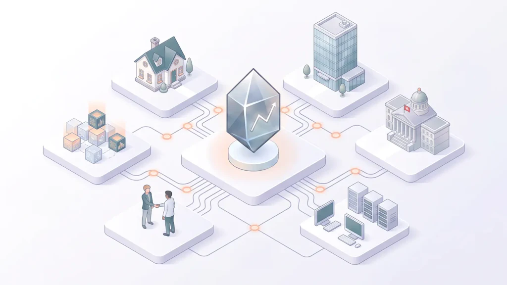 Illustration : un cristal avec une flèche montante est relié par des pistes conductrices à une maison d’habitation, à un immeuble de bureaux, au Palais fédéral, à des serveurs, à des cubes de données et à deux personnes qui se serrent la main.
