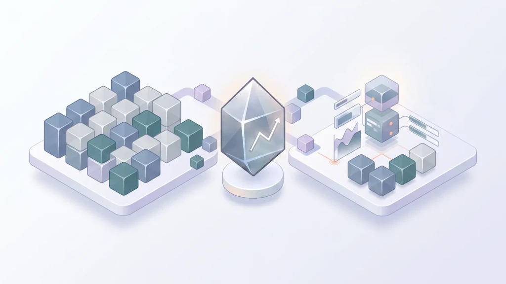 Illustration : des cubes de données de différentes origines sur une plateforme sont reliés par un cristal portant une flèche ascendante et mis à disposition sur une seconde plateforme sous forme de jeux de données ordonnés avec des graphiques et des analyses.