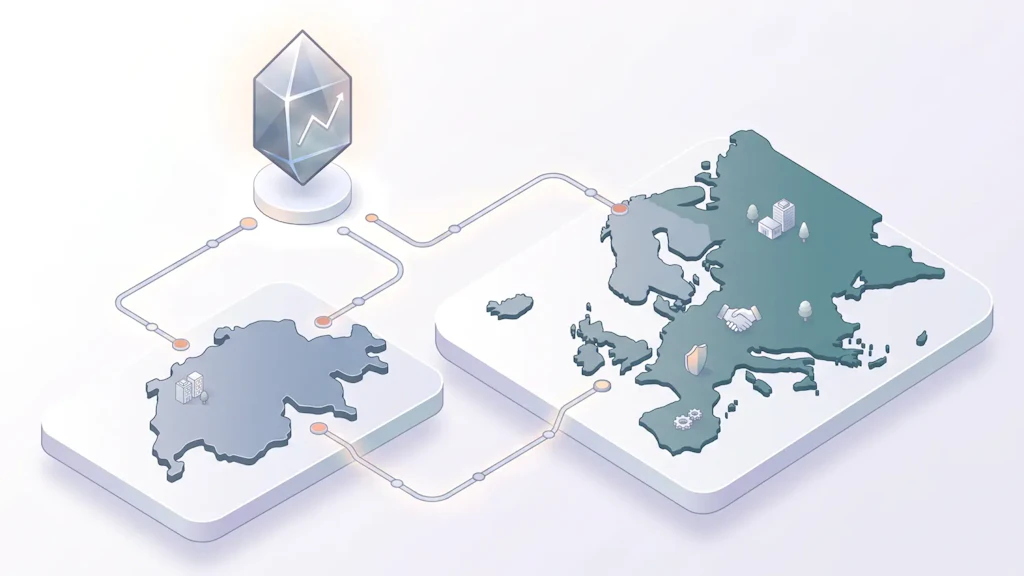 Illustration : une carte de la Suisse et une carte de l’Europe sont reliées par des lignes à un cristal avec une flèche montante ; sur la carte de l’Europe figurent des symboles de poignée de main, de bâtiments et de protection.