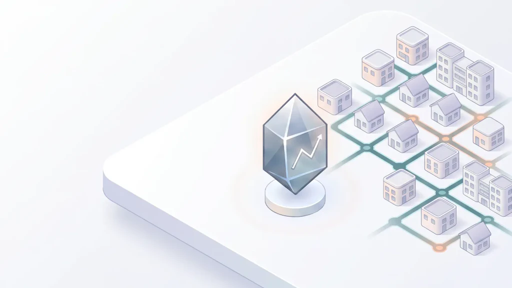 Illustration : un cristal portant une flèche ascendante se trouve à côté d’un quartier de maisons et d’immeubles reliés entre eux par un réseau de lignes.