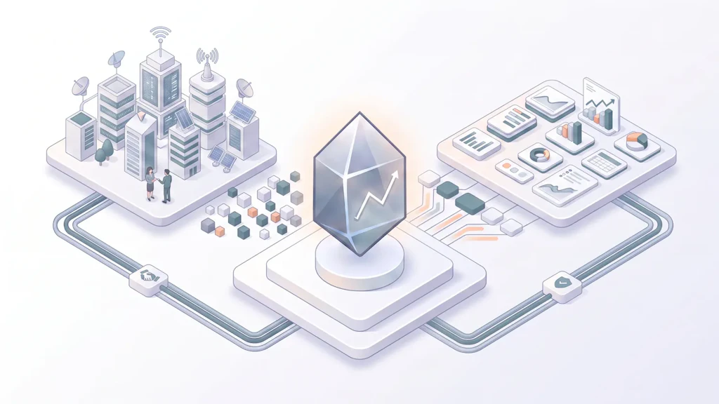 Illustration : un quartier urbain avec des immeubles et des antennes ainsi qu’une plateforme avec des diagrammes sont reliés par des lignes munies de symboles de protection à un cristal avec une flèche montante placé au centre ; entre eux, des cubes de données.