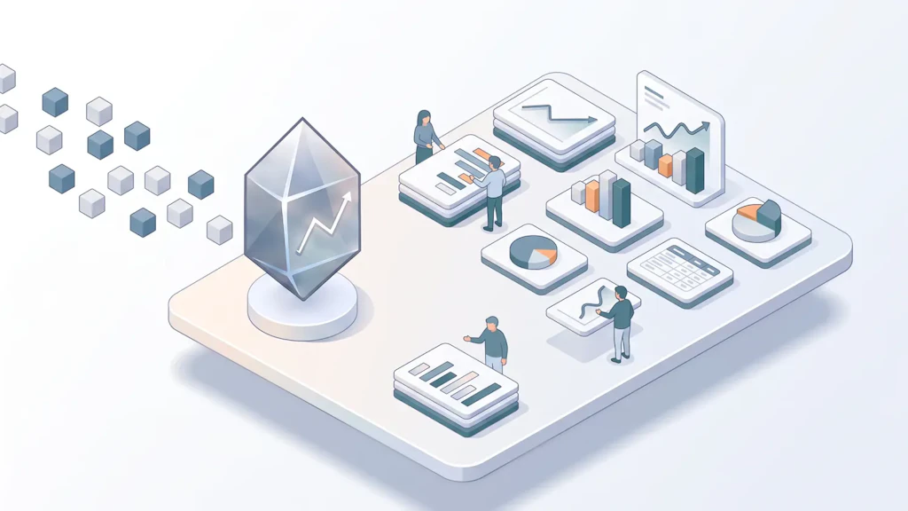 Illustration : des cubes de données convergent vers un cristal portant une flèche ascendante ; à côté, des personnes travaillent avec des graphiques, des tableaux et des analyses.