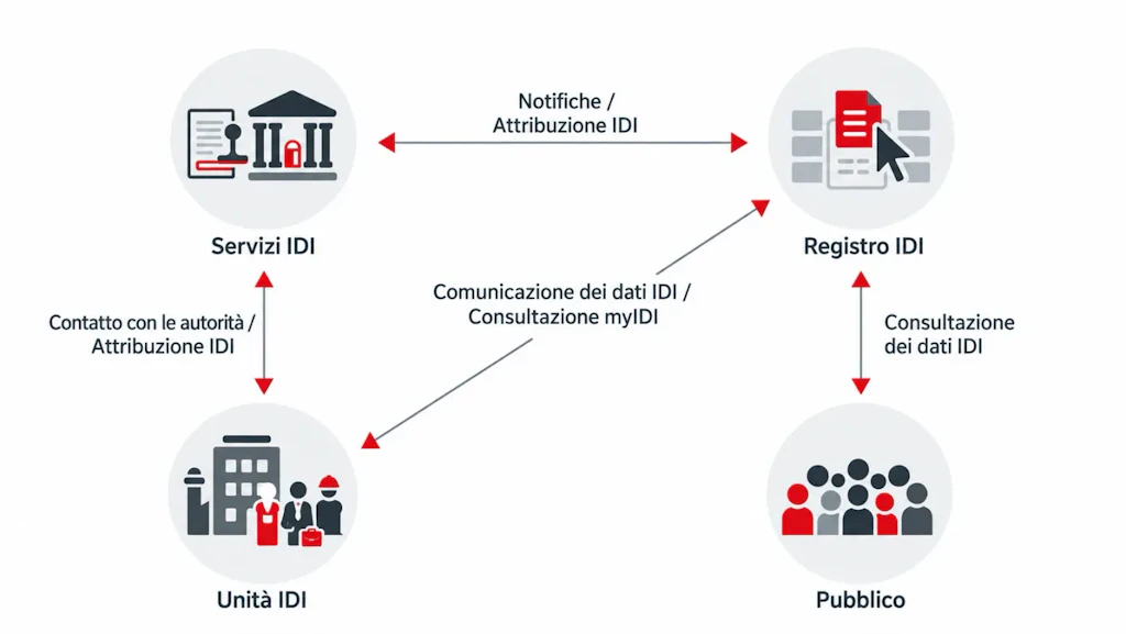 Grafico sul sistema IDI: i servizi IDI e il registro IDI si scambiano notifiche e attribuiscono l’IDI. Tra i servizi IDI e le unità IDI avvengono i contatti con le autorità e l’attribuzione dell’IDI. Il registro IDI comunica alle unità IDI i loro dati IDI, che possono consultare tramite myIDI. Il pubblico può consultare i dati IDI nel registro IDI.